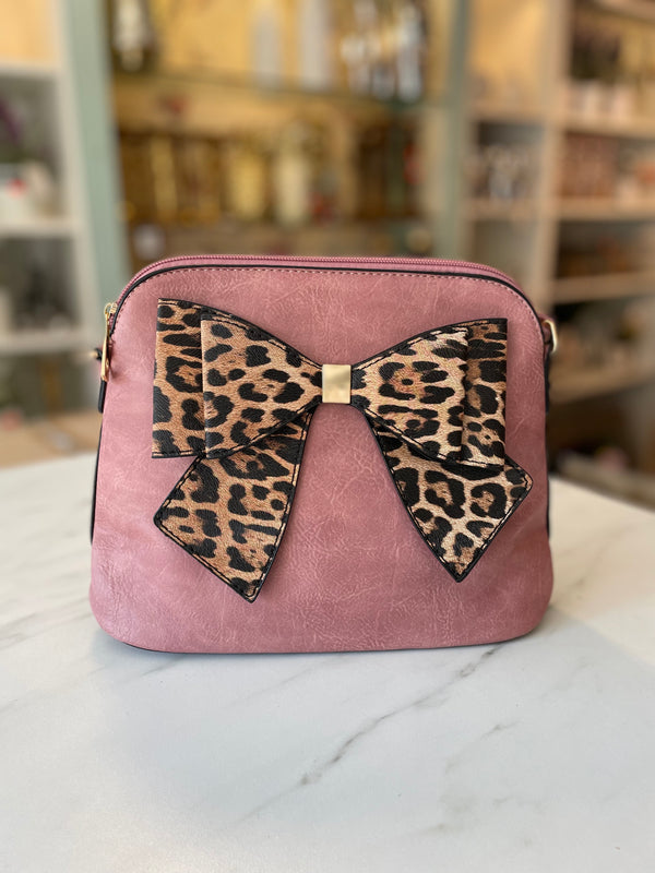 Bessie Pink Crossbody Bag with Leopard Print Bow