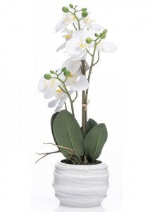 White Artificial Real Feel 4 Stem Orchid with White Pot