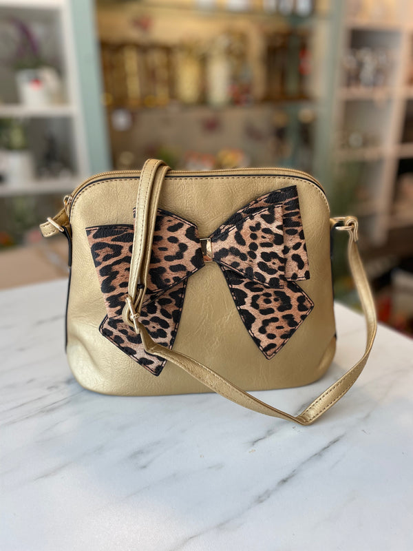 Bessie Gold Crossbody Bag with Leopard Print Bow