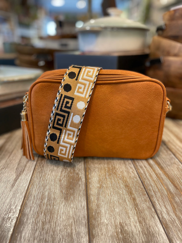 Tan Crossbody Bag with Wide Black and White Square Print Strap