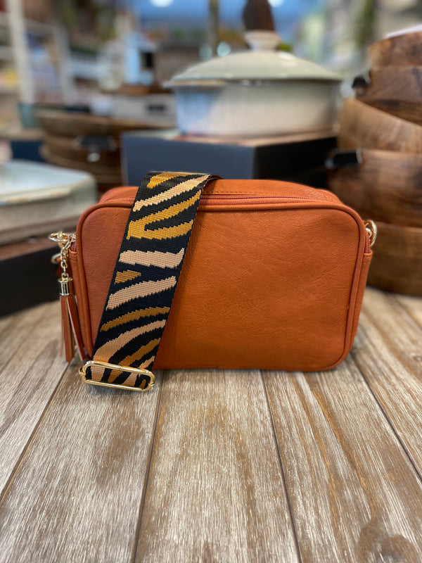 Tan Crossbody Bag with Wide Striped Strap