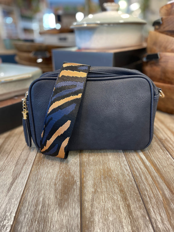 Navy Crossbody Bag with Wide Striped Strap