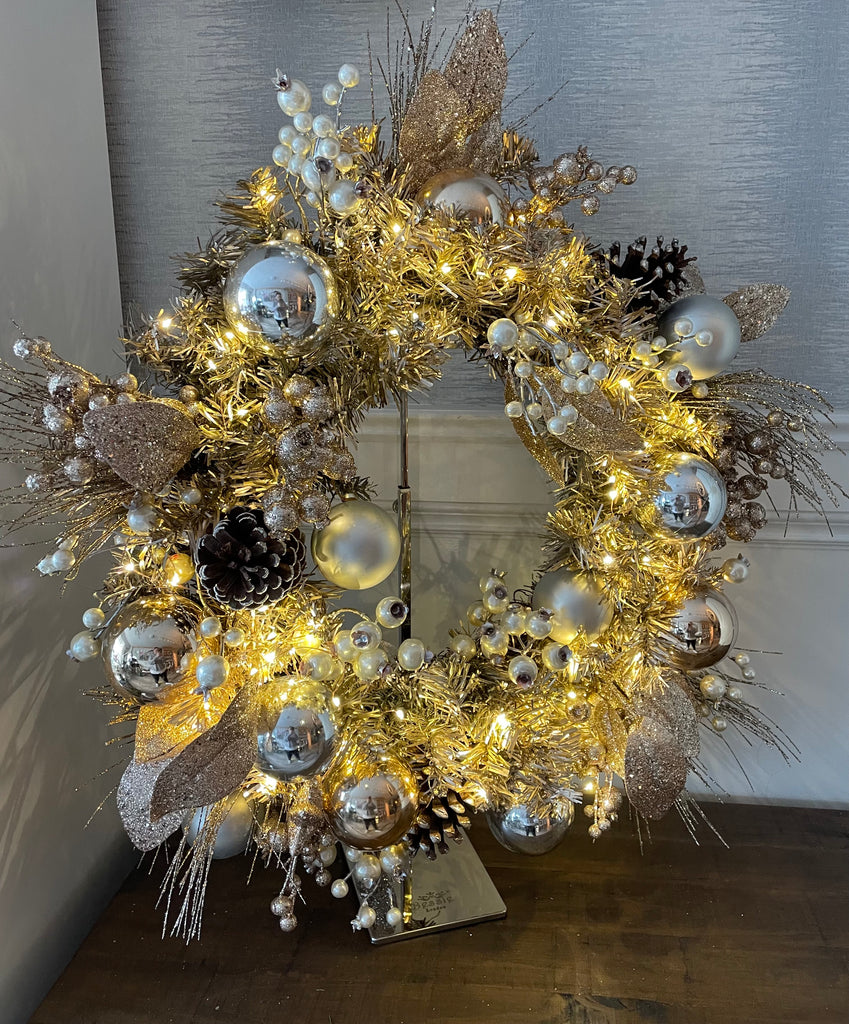70cm Christmas Wreath Gold & Champagne Baubles & LED Lights