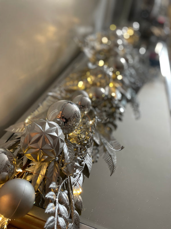 Silver Garland with Baubles & Lights 150cm