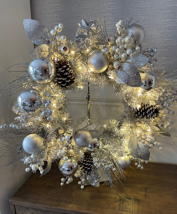 70cm Christmas Wreath Silver Baubles & LED Lights
