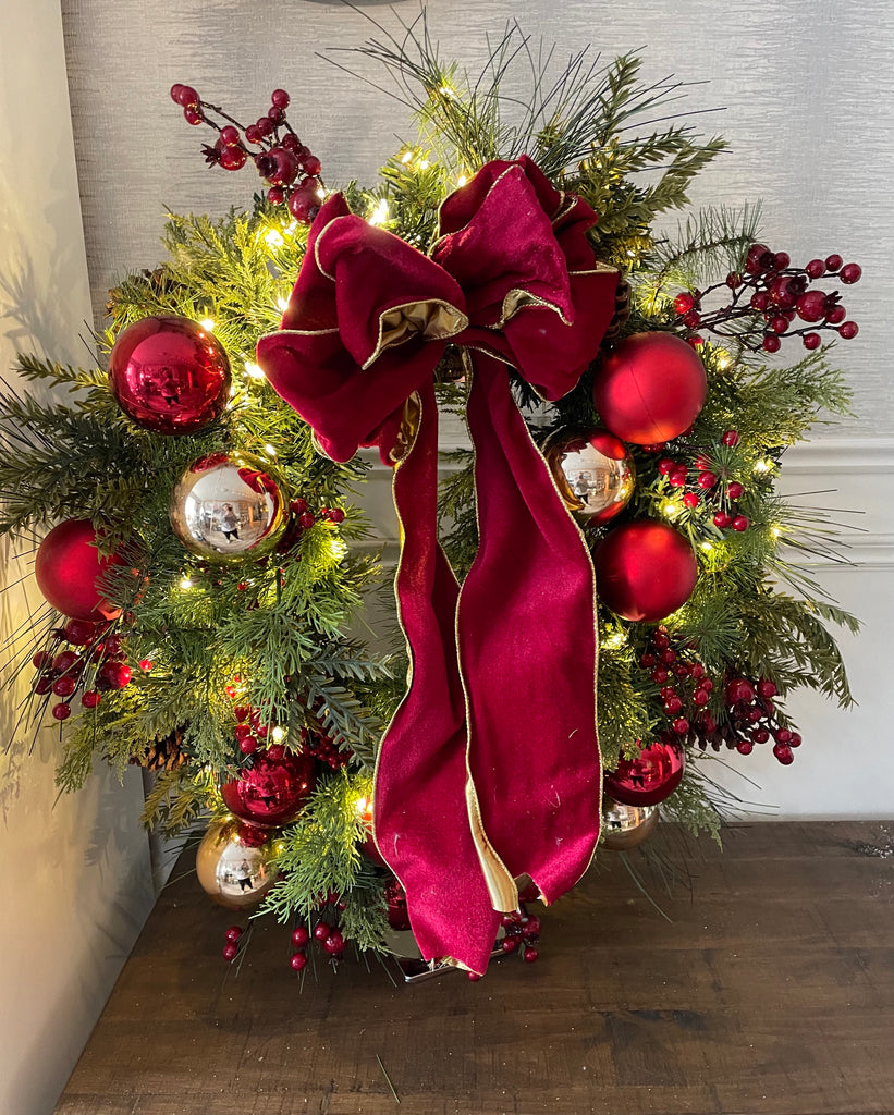 Red & Champagne Baubles Wreath & LED Lights 70cm